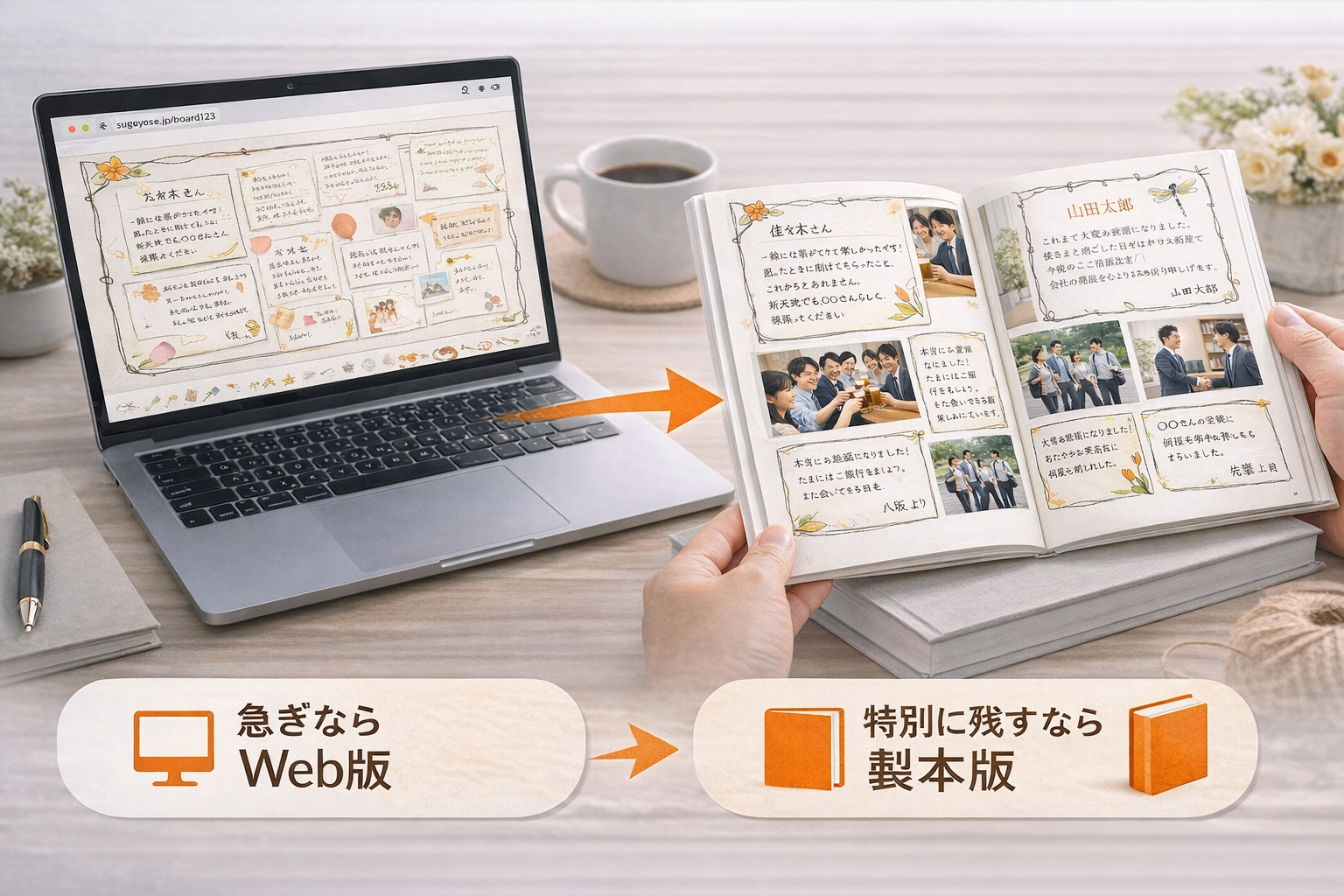 送別の寄せ書きをWebでも製本でも贈れるイメージ